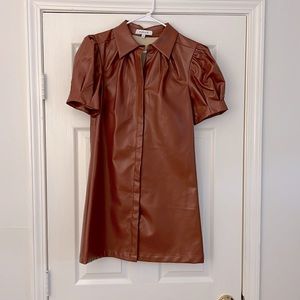 EUC moodie cognac faux leather button down dress with puff sleeves, size S